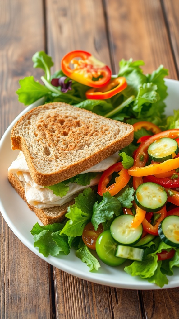 A turkey sandwich with lettuce and tomato next to a colorful garden salad on a rustic table.